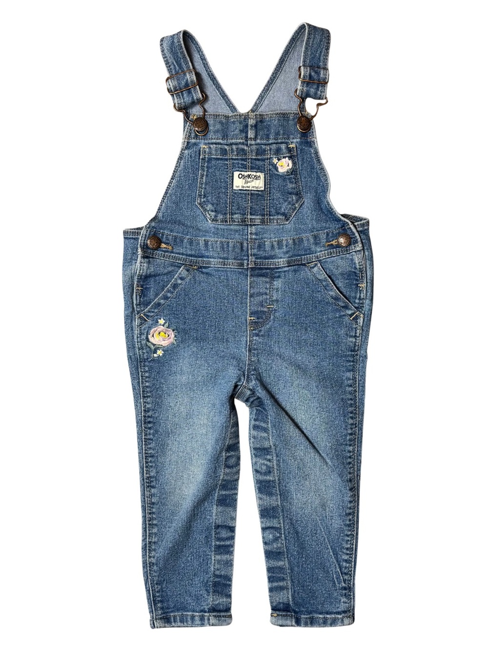 Oshkosh 18 Month Girls Floral Overall Jeans Snap Button Crotch Embroidered
